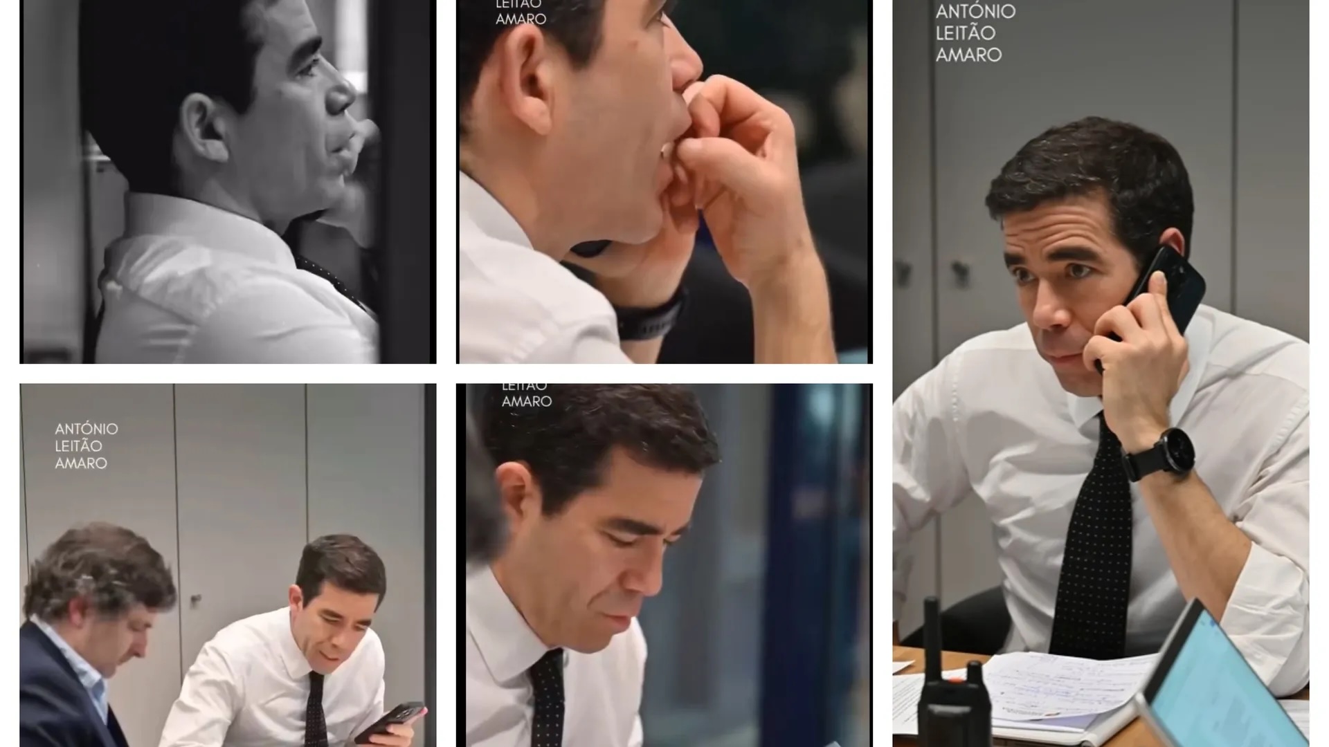 Montagem de várias fotografias de António Leitão Amaro em ambiente de trabalho, mostrando-o preocupado, em reuniões, ao telefone e rodeado de papéis e dispositivos de comunicação, durante a gestão de uma situação de calamidade.