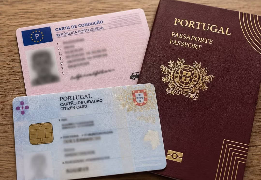 Passaporte português, cartão de cidadão e carta de condução de Portugal sobre uma mesa, representando documentos oficiais frequentemente sujeitos a verificação consular.